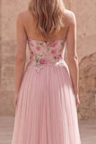 Pink Floral Strapless A Line Long Prom Dress