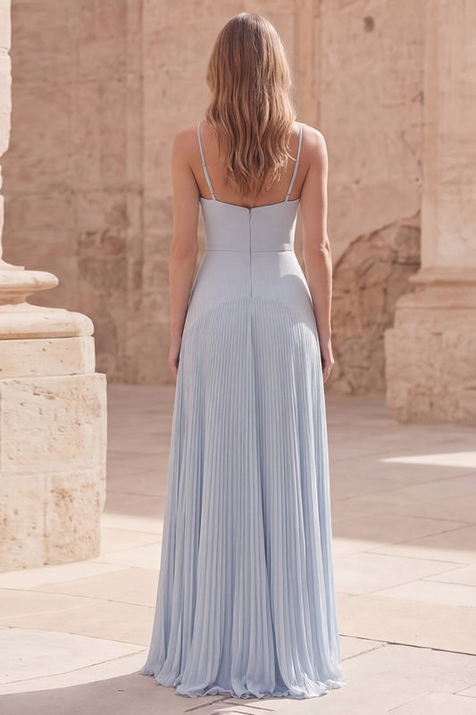 A Line Sky Blue Spaghetti Straps Long Prom Dress with Pleats