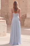 A Line Sky Blue Spaghetti Straps Long Prom Dress with Pleats