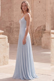 A Line Sky Blue Spaghetti Straps Long Prom Dress with Pleats