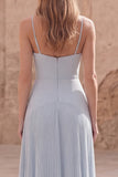 A Line Sky Blue Spaghetti Straps Long Prom Dress with Pleats