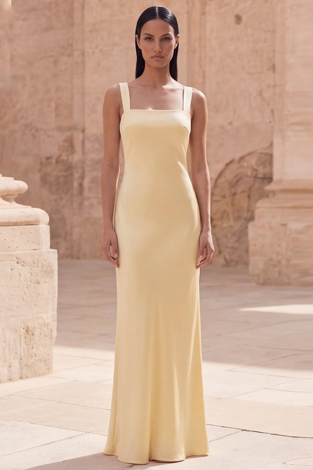 Sheath Square Neck Yellow Long Prom Dress