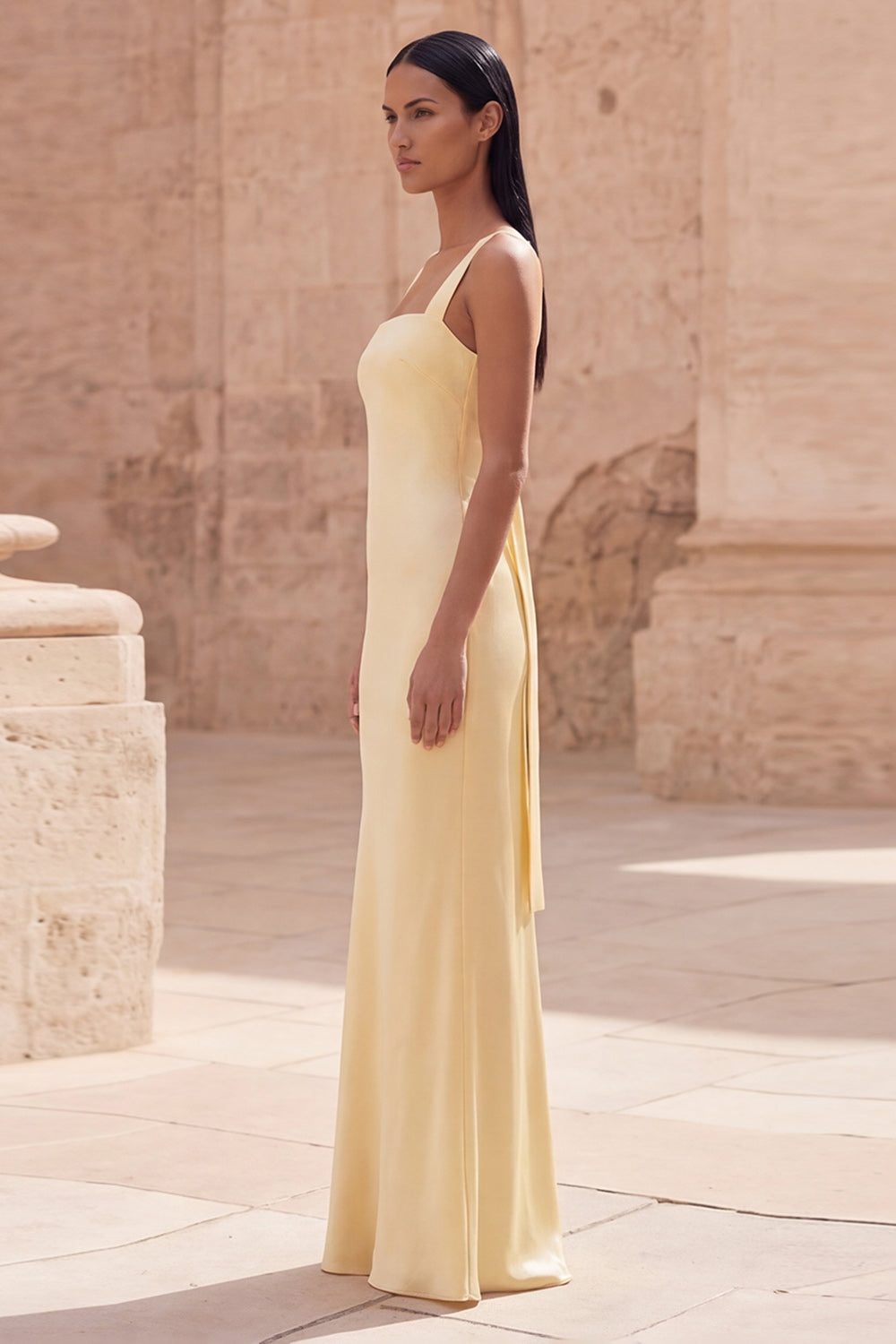 Sheath Square Neck Yellow Long Prom Dress