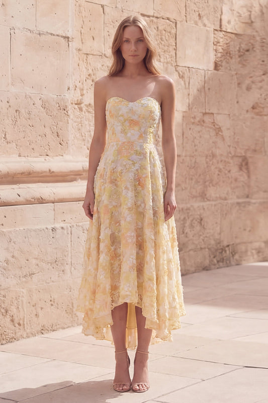Yellow Floral Strapless A Line Asymmetrical Prom Dress