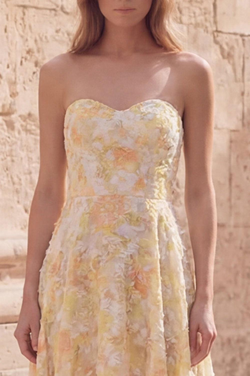 Yellow Floral Strapless A Line Asymmetrical Prom Dress