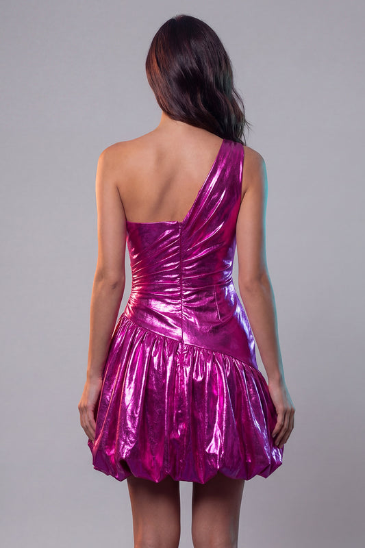Fuchsia Metallic Glitter Ruched A Line Short Vintage 80s Prom Dress