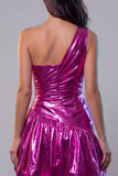 Fuchsia Metallic Glitter Ruched A Line Short Vintage 80s Prom Dress