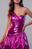 Fuchsia Metallic Glitter Ruched A Line Short Vintage 80s Prom Dress