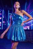 A Line Short Metallic Glitter Ink Blue Ruched Vintage 80s Prom Dress