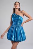 A Line Short Metallic Glitter Ink Blue Ruched Vintage 80s Prom Dress