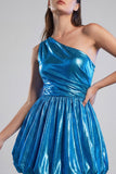 A Line Short Metallic Glitter Ink Blue Ruched Vintage 80s Prom Dress