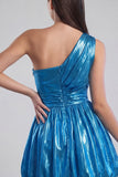 A Line Short Metallic Glitter Ink Blue Ruched Vintage 80s Prom Dress