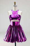 Metallic Glitter Fuchsia Keyhole A Line Short Vintage 80s Prom Dress