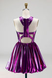 Metallic Glitter Fuchsia Keyhole A Line Short Vintage 80s Prom Dress