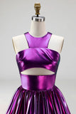 Metallic Glitter Fuchsia Keyhole A Line Short Vintage 80s Prom Dress