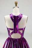 Metallic Glitter Fuchsia Keyhole A Line Short Vintage 80s Prom Dress