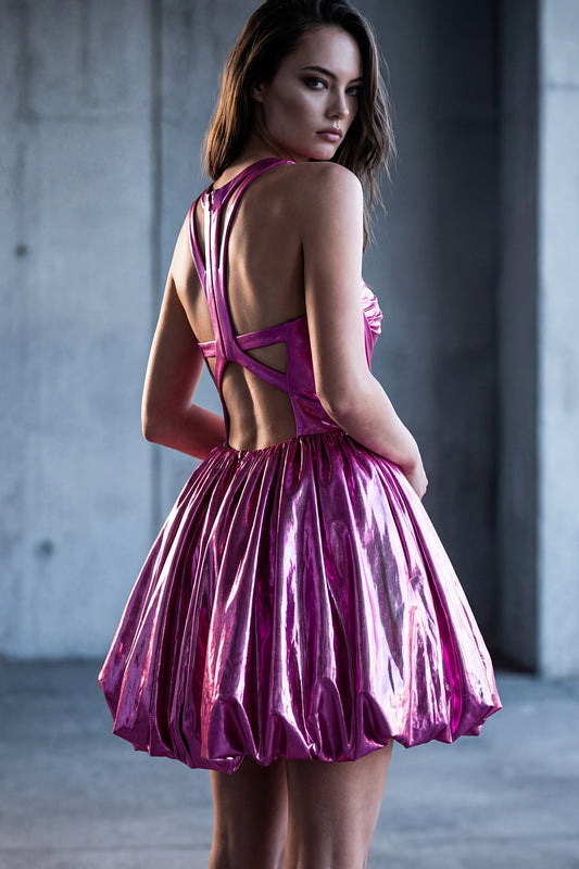 Metallic Glitter Fuchsia Keyhole A Line Short Vintage 80s Prom Dress
