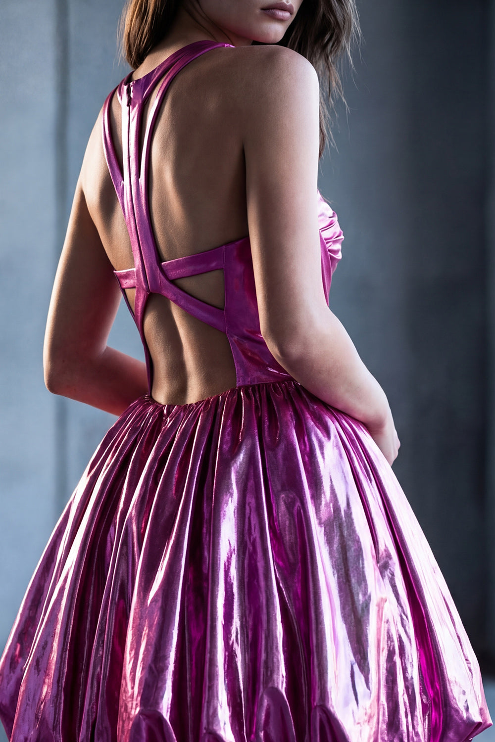 Metallic Glitter Fuchsia Keyhole A Line Short Vintage 80s Prom Dress