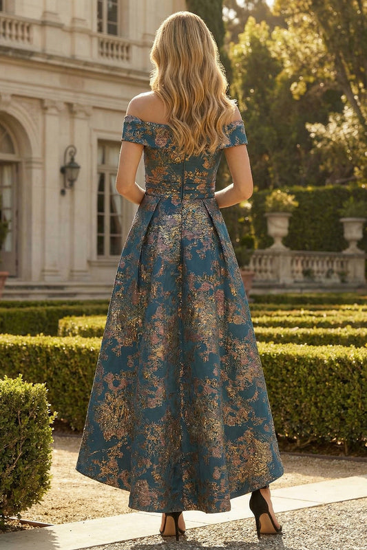 Peacock Blue A Line Off the Shoulder Asymmetrical Floral Formal Dress
