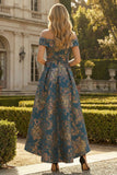 Peacock Blue A Line Off the Shoulder Asymmetrical Floral Formal Dress