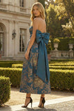 Peacock Blue Strapless A Line Long Floral Formal Dress with Bow