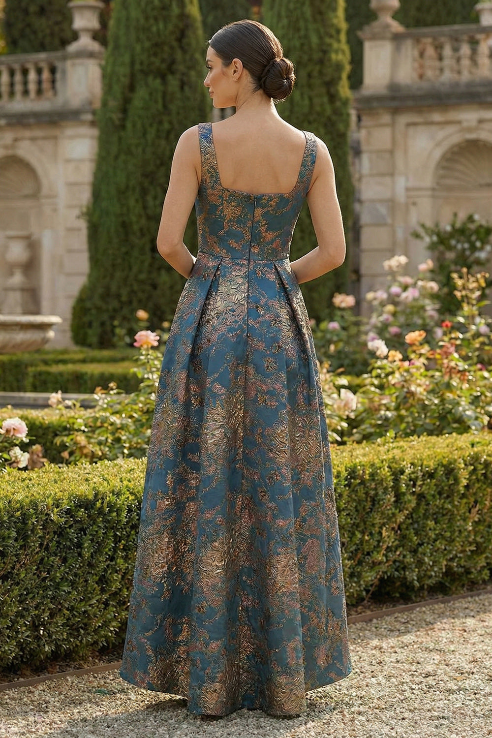Peacock Blue A Line Sqaure Neck Asymmetrical Formal Dress