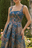 Peacock Blue A Line Sqaure Neck Asymmetrical Formal Dress