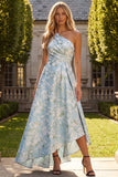 Peacock Blue One Shoulder A Line Asymmetrical Floral Formal Dress
