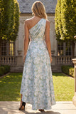 Peacock Blue One Shoulder A Line Asymmetrical Floral Formal Dress