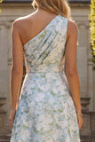 Peacock Blue One Shoulder A Line Asymmetrical Floral Formal Dress