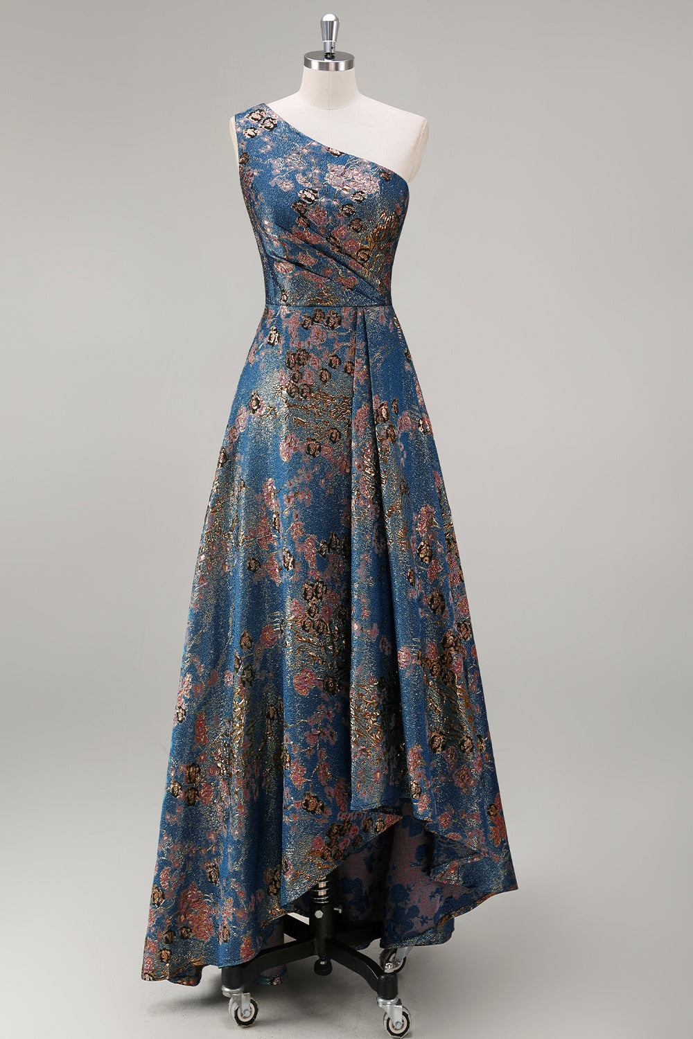 Peacock Blue One Shoulder A Line Asymmetrical Floral Formal Dress