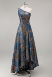 Peacock Blue One Shoulder A Line Asymmetrical Floral Formal Dress