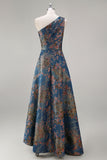 Peacock Blue One Shoulder A Line Asymmetrical Floral Formal Dress