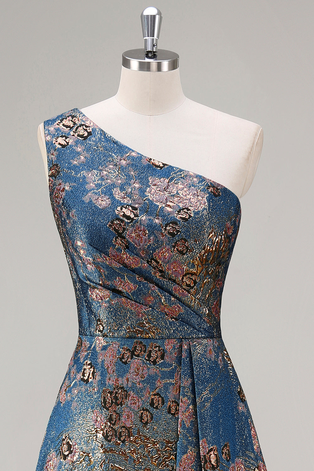 Peacock Blue One Shoulder A Line Asymmetrical Floral Formal Dress