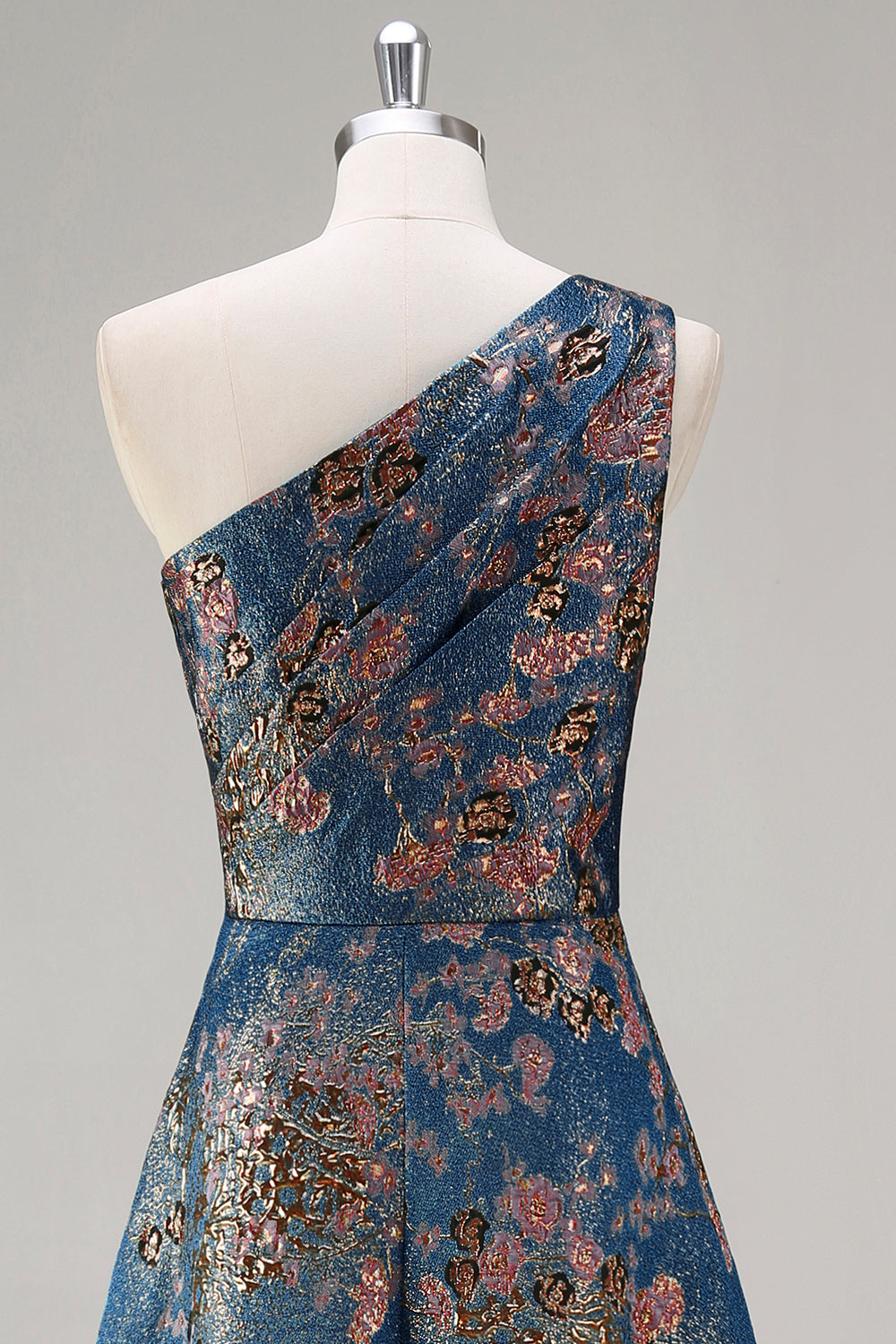 Peacock Blue One Shoulder A Line Asymmetrical Floral Formal Dress