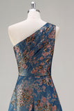 Peacock Blue One Shoulder A Line Asymmetrical Floral Formal Dress
