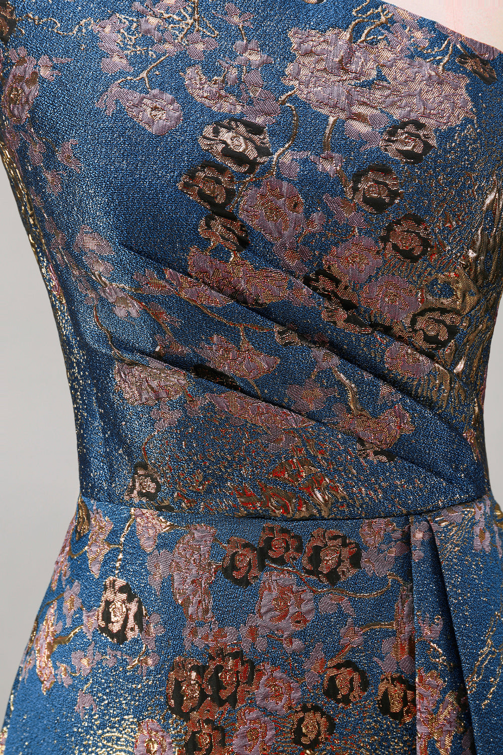 Peacock Blue One Shoulder A Line Asymmetrical Floral Formal Dress