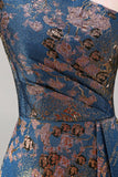 Peacock Blue One Shoulder A Line Asymmetrical Floral Formal Dress