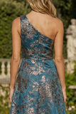 Peacock Blue A Line One Shoulder Maxi Formal Dress