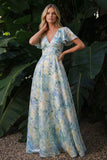 Light Green Backless Floral A Line Long Wedding Guest Dress