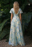 Light Green Backless Floral A Line Long Wedding Guest Dress