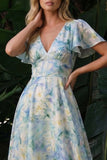 Light Green Backless Floral A Line Long Wedding Guest Dress
