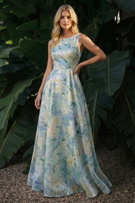 Light Green A Line Boat Neck Floral Long Wedding Guest Dress