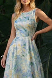 Light Green A Line Boat Neck Floral Long Wedding Guest Dress