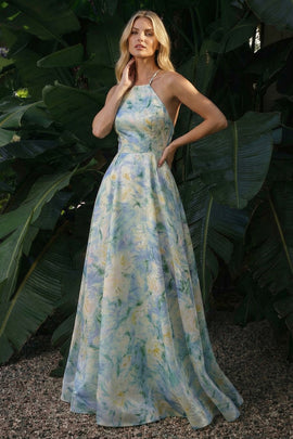 Light Green Floral Long A Line Backless Halter Wedding Guest Dress