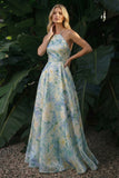 Light Green Floral Long A Line Backless Halter Wedding Guest Dress