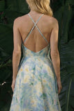 Light Green Floral Long A Line Backless Halter Wedding Guest Dress