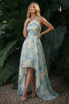 Light Green A Line Floral High-Low Wedding Guest Dress