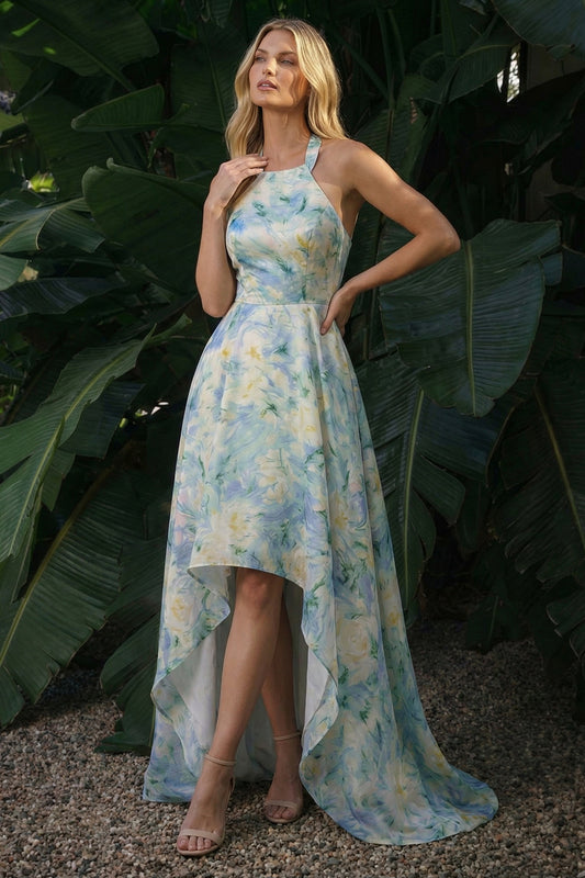 Light Green A Line Floral High-Low Wedding Guest Dress
