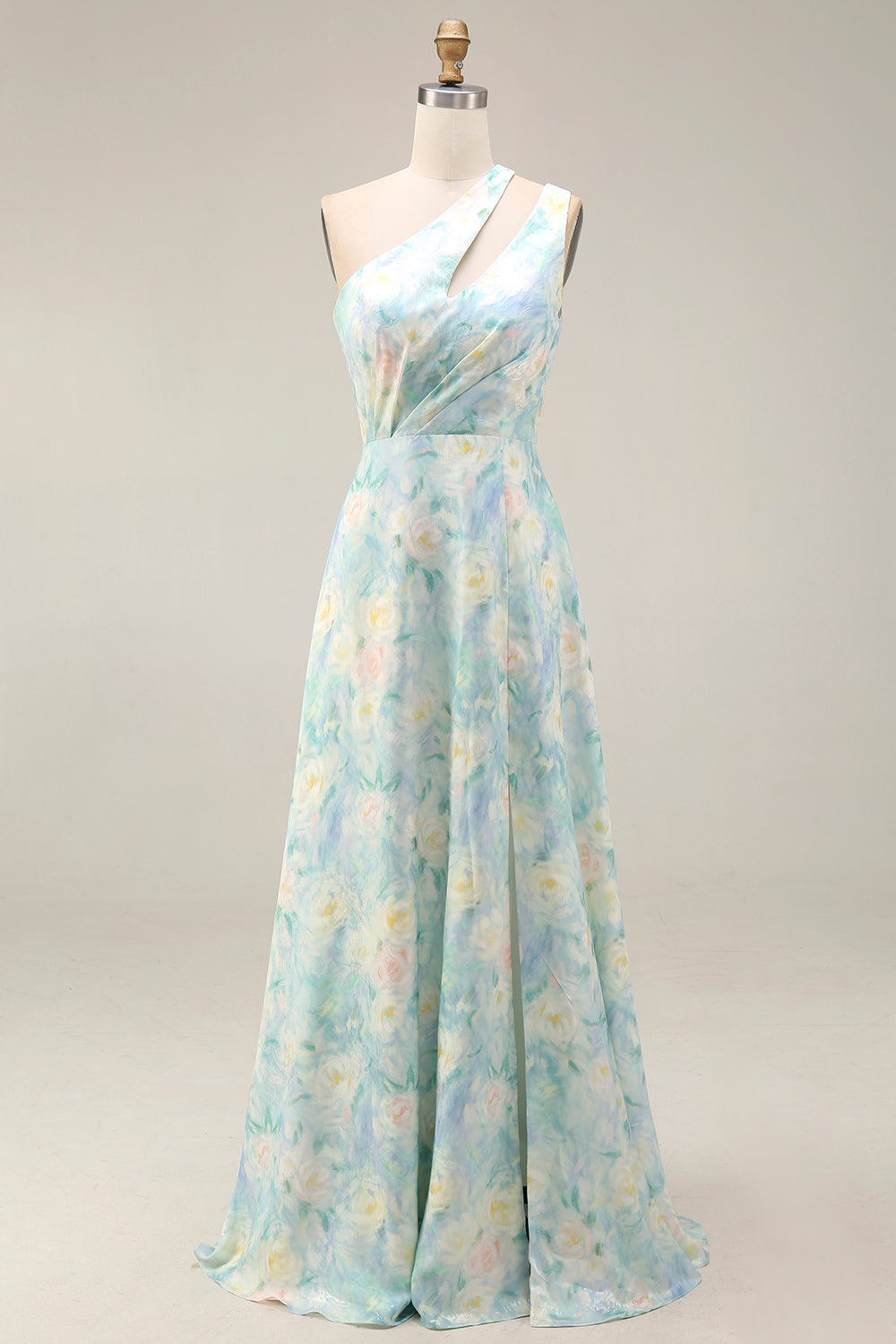 Light Green A Line Cut Out Long Floral Wedding Guest Dress with Slit